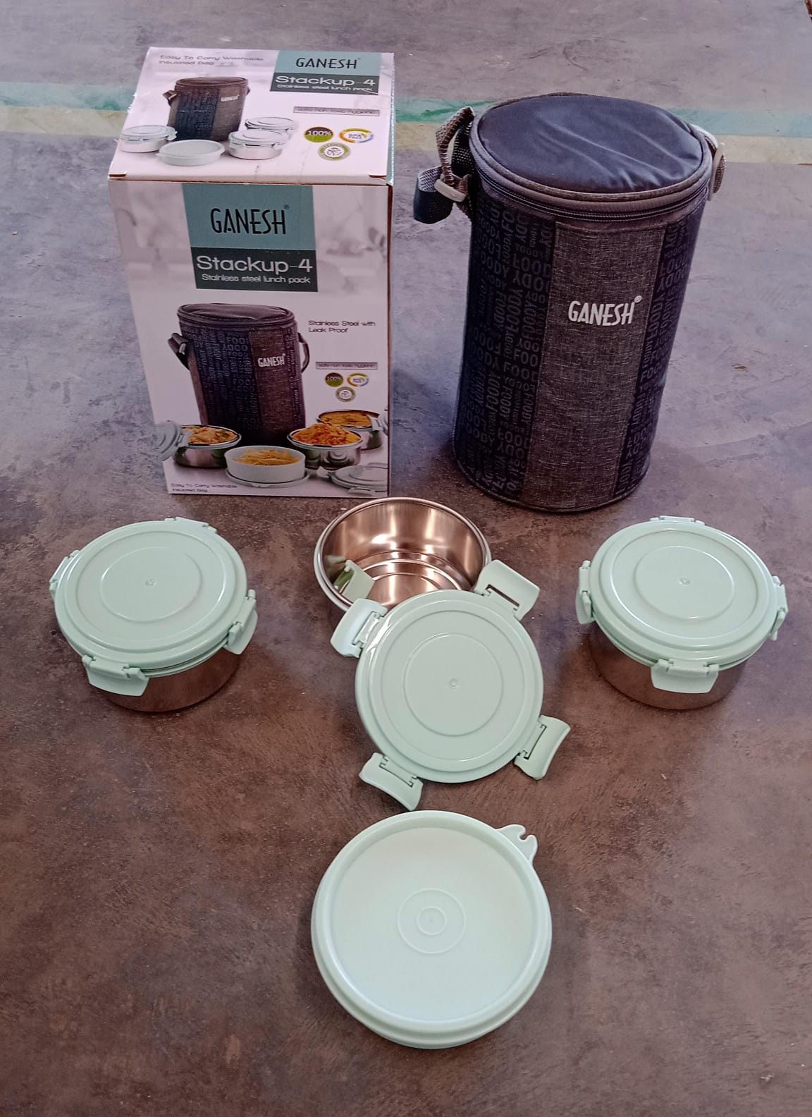 Ganesh 4In1 Tiffin Box-Lunch Box | 3 Stainless Steel Containers 300 Ml Approx & Plastic Salad Container 200 Ml Approx| Plastic lid Box | Round Zip Bag | Leak Proof | Microwave Safe for Office, College and School for Men, Women