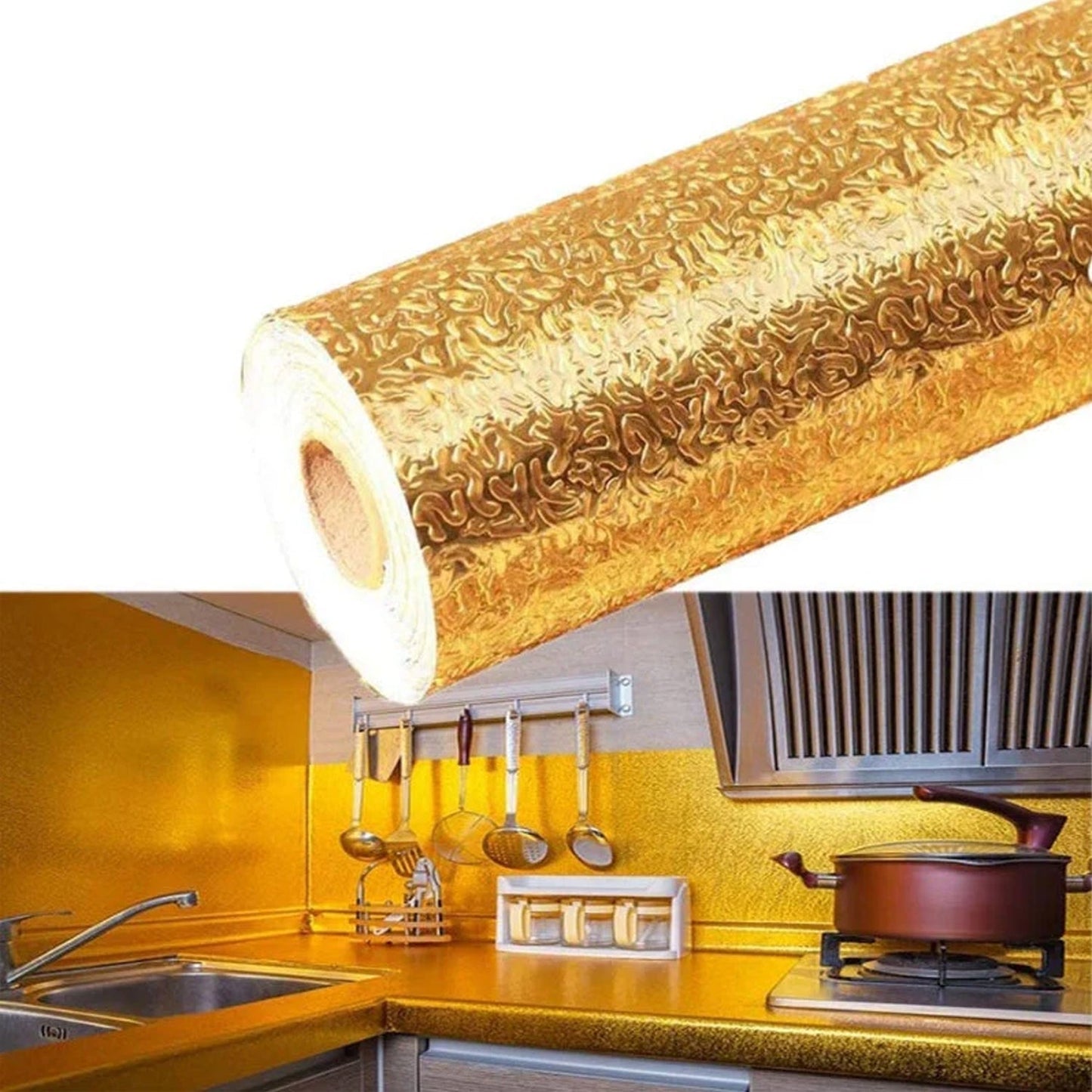 Oil Proof Sticker, Waterproof Self Adhesive Aluminum Foil Wallpaper (60 cm×200 Cm / Golden / 1 Pc)